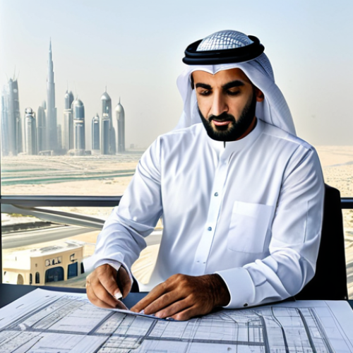 Home 4 **
"A highly skilled Arabic architect, fully clothed in professional attire, meticulously reviewing blueprints in a bright, modern office overlooking a bustling Dubai cityscape, safe for work, appropriate content, perfect anatomy, natural proportions, professional architecture photography, high quality."
**