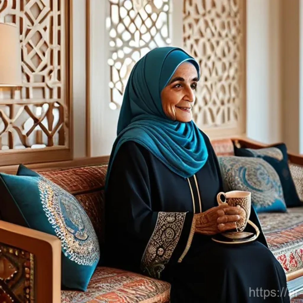 반려로봇의 차세대 기술 - **Prompt:** A serene and comforting scene featuring an elderly Arab woman, gracefully dressed in a m...