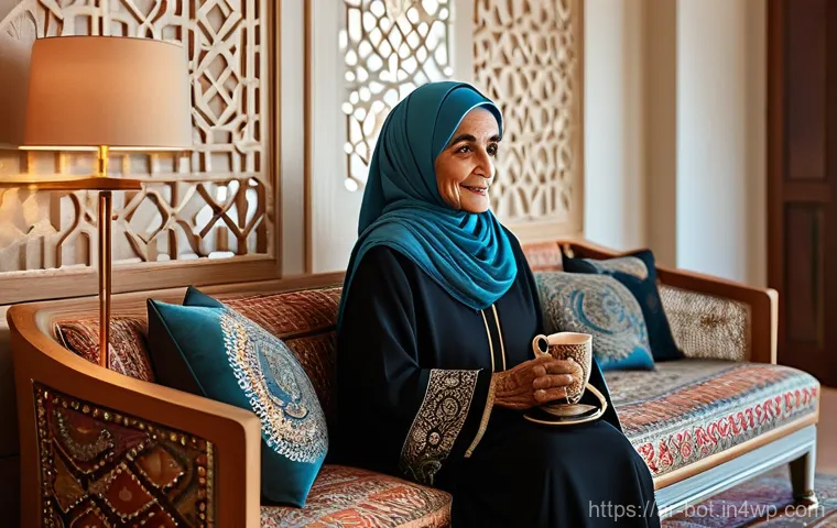 반려로봇의 차세대 기술 - **Prompt:** A serene and comforting scene featuring an elderly Arab woman, gracefully dressed in a m...