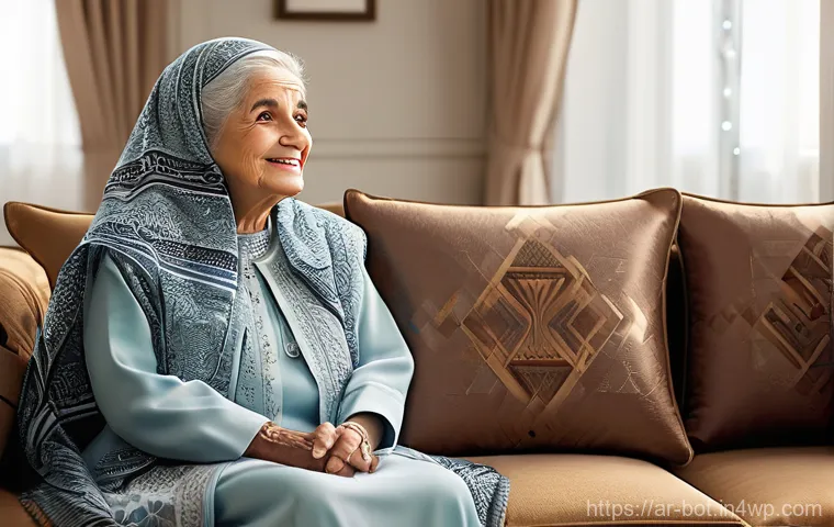 반려로봇이 노인에게 도움이 되는 방법 - **Prompt:** An elderly Arab grandmother, wearing a beautiful and modest traditional jalabiya, sits c...