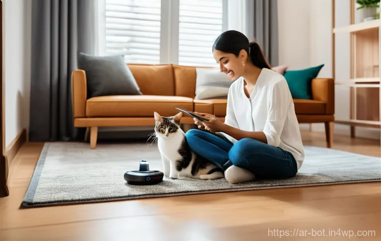 비용 대비 효과적인 반려로봇 서비스 선택하기 - **Image Prompt 1: The Thoughtful Pet Owner's Choice**
    "A warmly lit, modern living room in a spa...