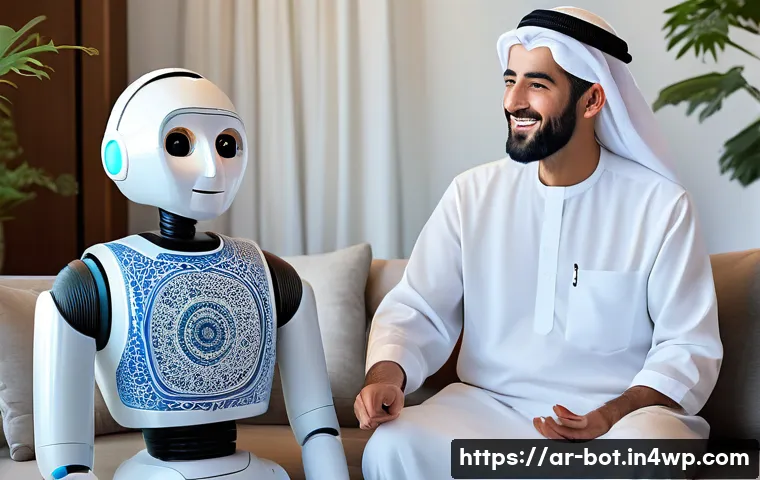 반려로봇의 역할 변화 - A modern smart home robot interacting warmly with an elderly Arabic man in a traditional living room...