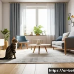 Home 20 반려로봇의 기술적 한계 - A modern home interior with a sleek domestic robot navigating around scattered objects such as shoes...
