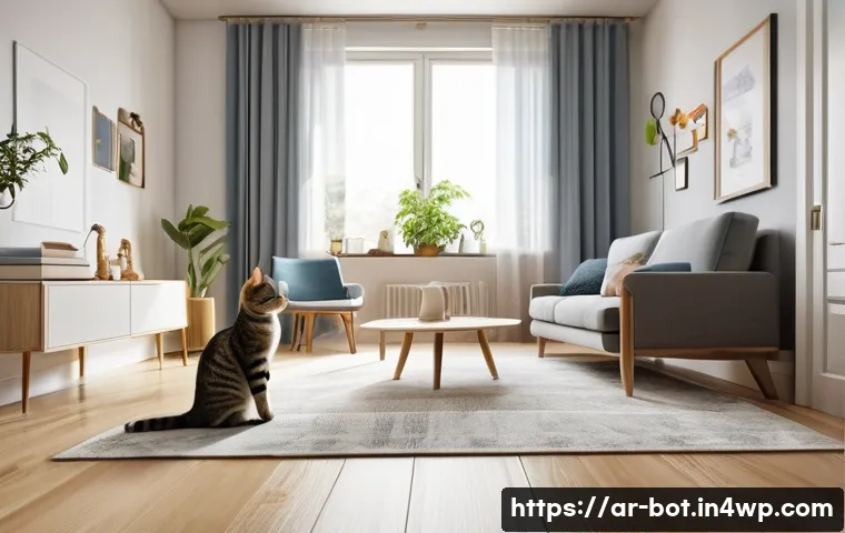 반려로봇의 기술적 한계 - A modern home interior with a sleek domestic robot navigating around scattered objects such as shoes...