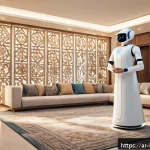 Home 18 반려로봇의 기능과 특징 - A futuristic smart home setting in an Arabic family living room, featuring a humanoid companion robo...