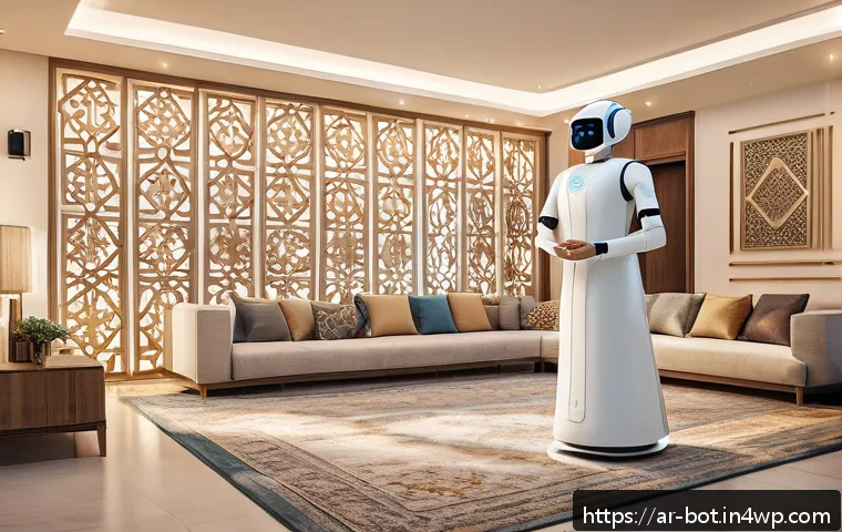반려로봇의 기능과 특징 - A futuristic smart home setting in an Arabic family living room, featuring a humanoid companion robo...